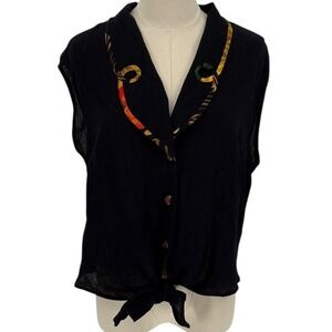 Vintage Melrose 100% Rayon‎ Black Sleeveless Tie Front Collared Blouse Shirt 16